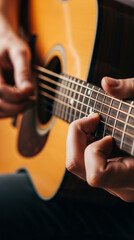 Obraz premium Close-up of a person playing an acoustic guitar, focusing on hands and strings