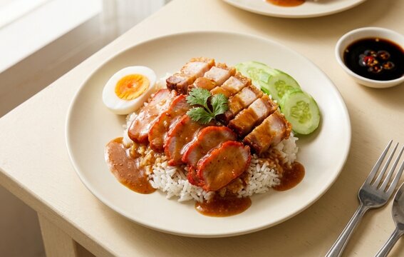 Thai roasted red pork and crispy pork belly served over rice with boiled egg, cucumber, and savory gravy. Authentic street food dish on white plate.