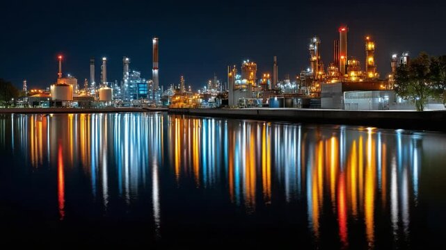 Nighttime Industrial Symphony: An evocative panorama of an industrial plant's radiant infrastructure at dusk, illuminated against the twilight sky, casting reflections across tranquil water.