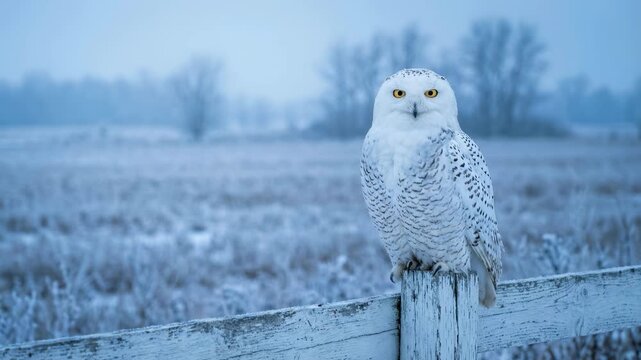 Snowy Owl Perched on a Frosty Fence Post in a Winter Landscape.