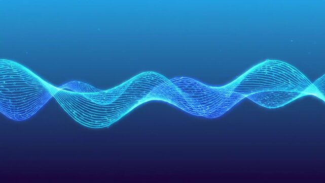Abstract glowing blue digital wave form composed of small particles moving in a fluid motion against a dark blue gradient background, technology and science theme