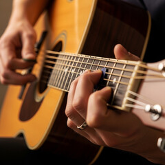 Obraz premium Close-up of a persons hands playing an acoustic guitar, focusing on the strings and frets