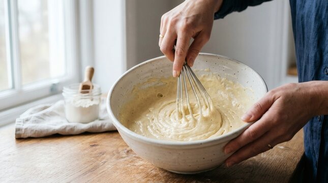 Hands mixing cake batter in a large bowl on a kitchen table
