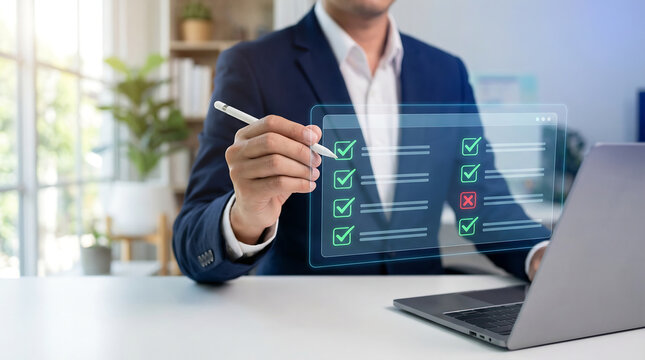 A focused businessman in a dark suit skillfully uses a digital stylus to complete a glowing holographic checklist displayed prominently beside his laptop.