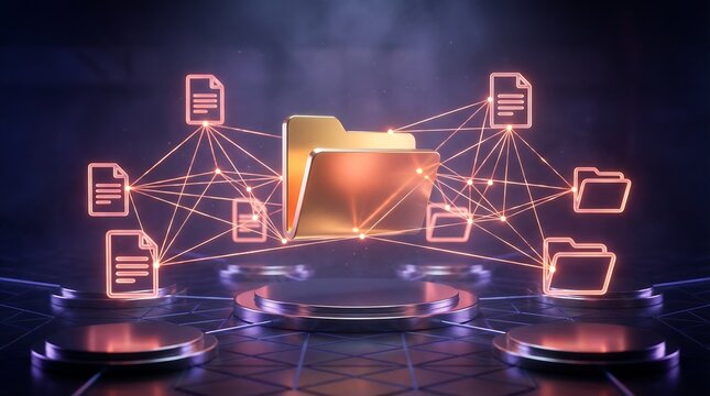 A central golden folder connects with glowing neon lines to a network of document and folder icons above platforms.