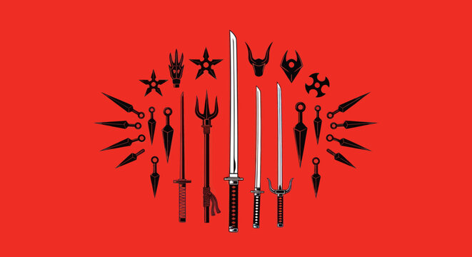 Collection of Japanese Ninja Weapons and Samurai Swords on Red Background