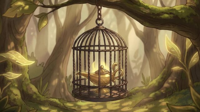 Small bird trapped inside a hanging cage in a mystical forest.