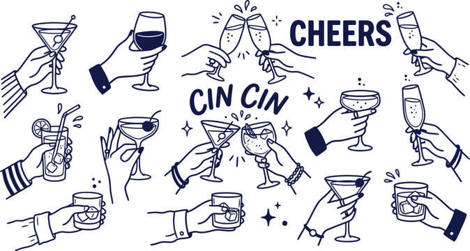 A set of hands holding and toasting various cocktail glasses with cheers and cin cin text on white background