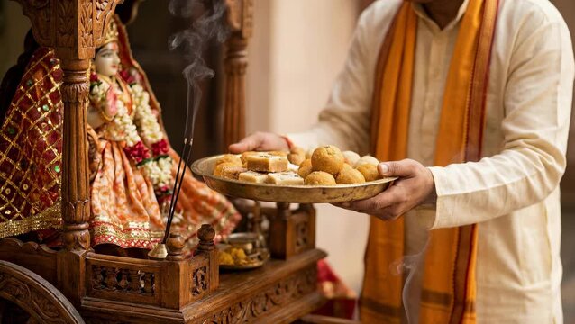Man Offering Sweets to Deity in Religious Ceremony.