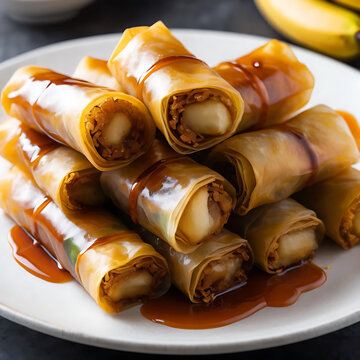 Banana Spring Rolls with Caramel Sauce on a White Plate