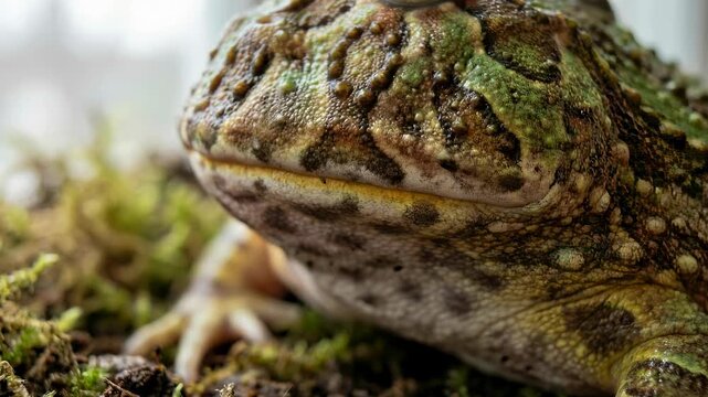 Close up of a Pacman frog sitting on mossy ground.