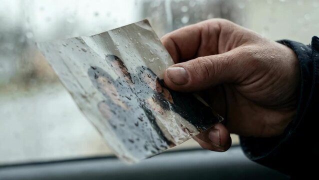 Man holding old family photograph looking out car window on rainy day.