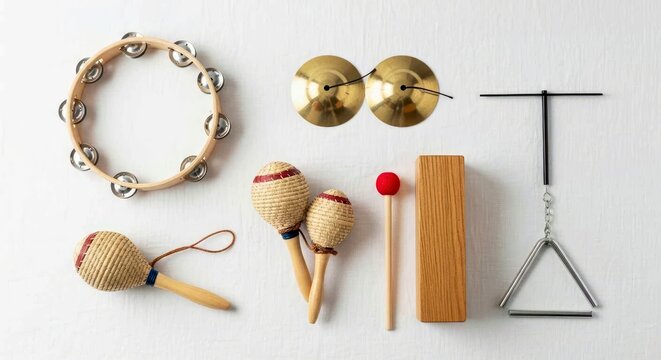 Traditional Percussion Instruments Tambourine Gongs Maracas Claves Wood Block Triangle White Background