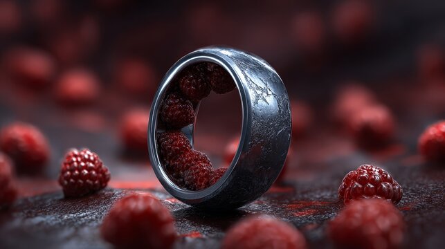 A modern ring surrounded by fresh raspberries.