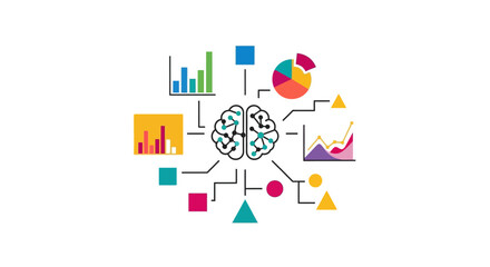 Obraz premium An illustration depicting a brain processing and analyzing various forms of data visualizations and information, representing AI and data science concepts.