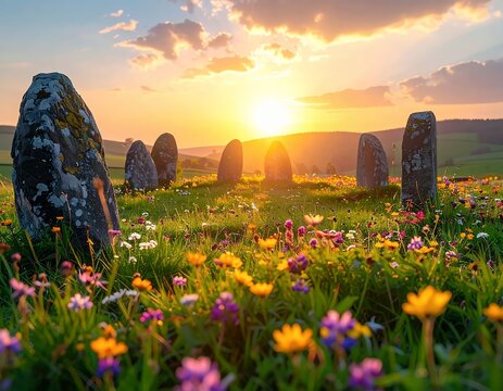 Ancient Stone Circle at Sunset with Wildflowers.