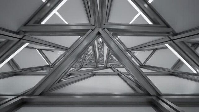 Abstract architectural tunnel perspective, geometric structure with triangular shapes, metallic lines and white panels, moving forward into light, futuristic interior design