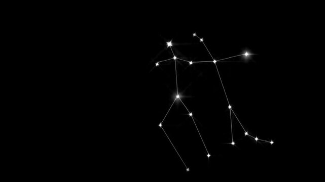 Bright constellation lines forming zodiac shape on black screen with glowing stars in dark cosmic space background