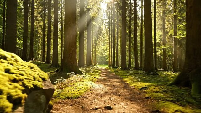 A խաղաղ forest scene with a sunlit dirt path winding through tall trees, where soft beams of sunlight filter through the canopy,