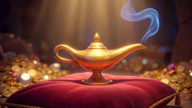 Magical Genie Lamp Emitting Blue Smoke Surrounded by Treasure.