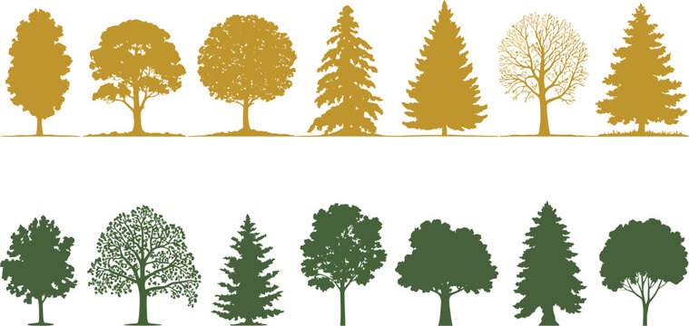 Minimal CAD Tree Line Drawing Vector Set, Side View Tree Silhouettes and Detailed Sketches for Architecture, Landscape Design, Urban Planning, and Technical Drafting