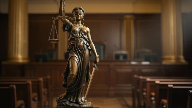 Bronze Lady Justice statue with scales and sword inside classic courtroom with wooden benches