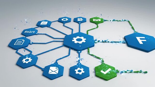Blue start button and complex interconnected digital network of hexagonal modules with glowing central gear and sparks, representing technology, workflow, and system connections