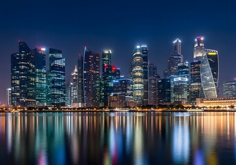 Fototapeta premium The breathtaking cityscape of a vibrant Southeast Asian metropolis gleams with illuminated skyscrapers, beautifully reflected in the tranquil waters on a serene twilight evening, captivating