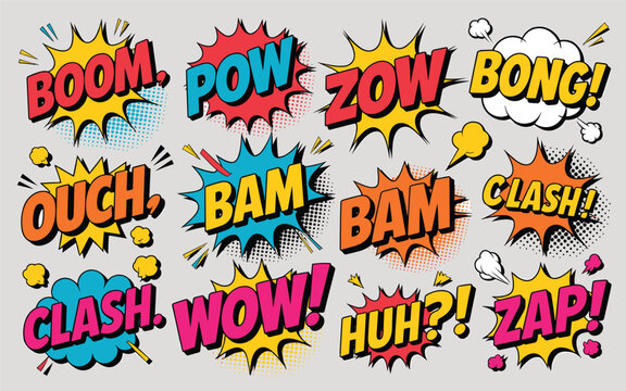 Comic book sound effects explode in a vibrant colorful display