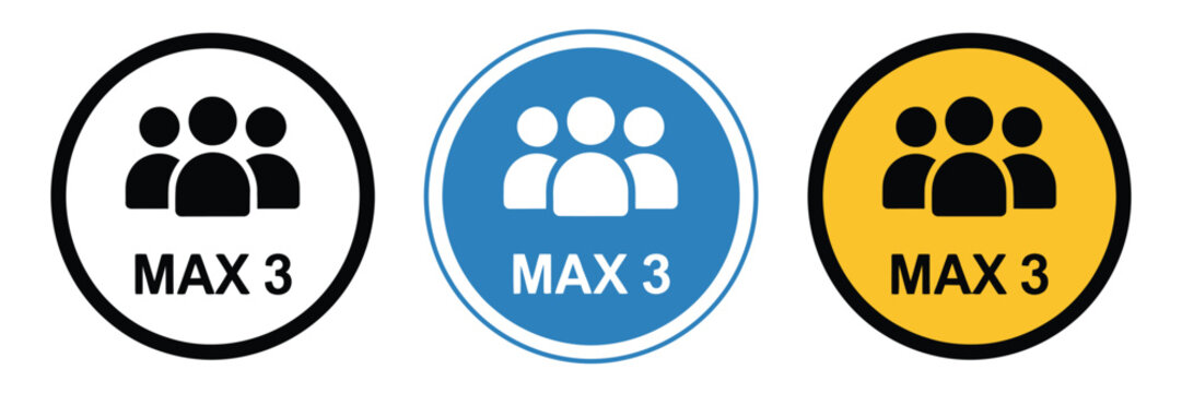 Maximum three people capacity icon set, group badge symbol representing occupancy limit, safety regulation public rule, social distancing signage design, clean vector illustration