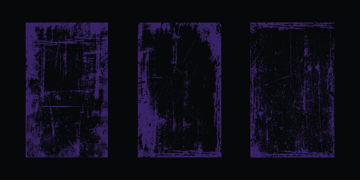 Purple grunge texture backgrounds with black rectangles and distressed effect