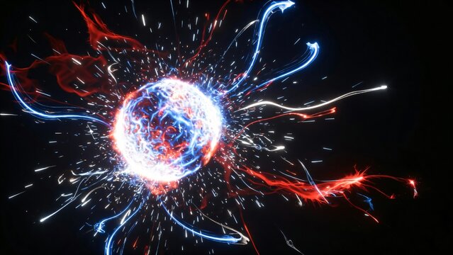 Esplosione astratta di energia luminosa con fulmini di plasma rosso e blu.