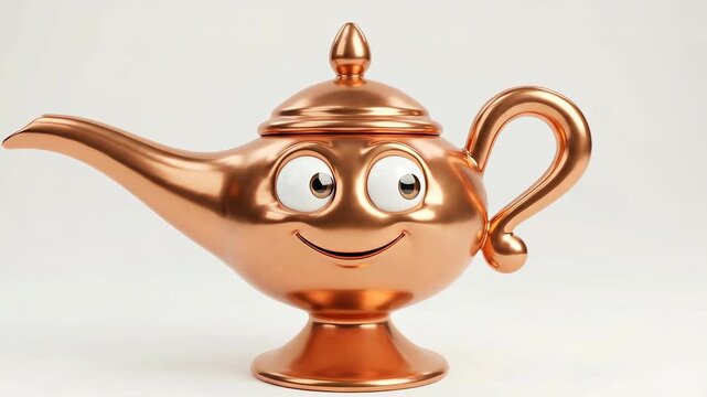 Cute Cartoon Genie Lamp with Happy Face and Big Eyes.