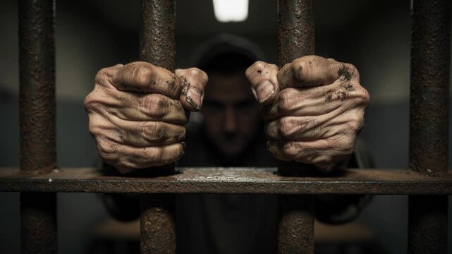 Close-up of dirty hands gripping rusty prison bars with blurred man behind in dark cell