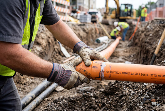 Construction worker joining orange pipes in ground trench