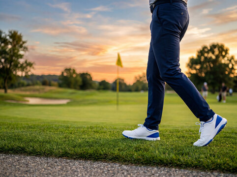 Man in blue pants and white golf shoes walks on green golf course at sunset