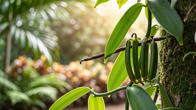 A close-up of green vanilla pods growing on a tropical orchid vine, surrounded by lush foliage.