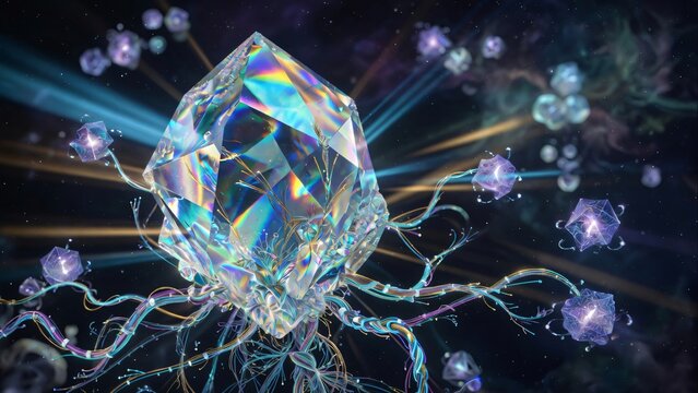 Cristallo magico iridescente con radici di energia e raggi luminosi 3D.