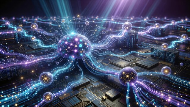 Concetto di intelligenza artificiale con rete neurale olografica e connessioni dati.