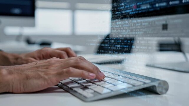 Close up of hands typing on wireless keyboard with digital code on computer screen in modern office