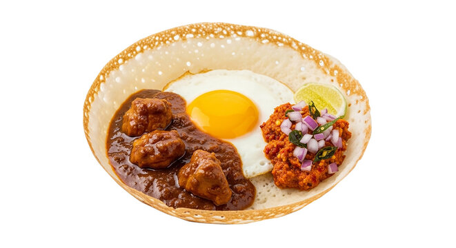 Traditional Sri Lankan Egg Hopper with Spicy Chicken Curry and Lunu Miris Onion Sambal Isolated on White Background