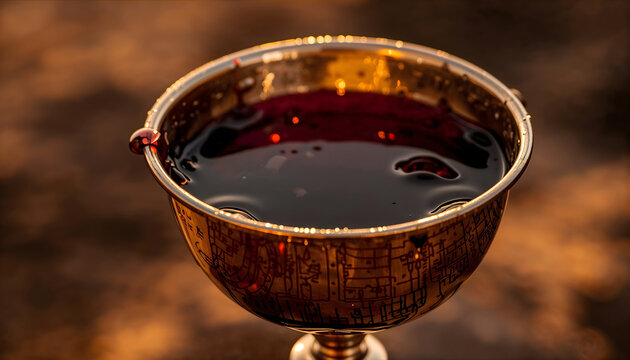 close up of silver kiddush cup with red wine in golden sunset light
