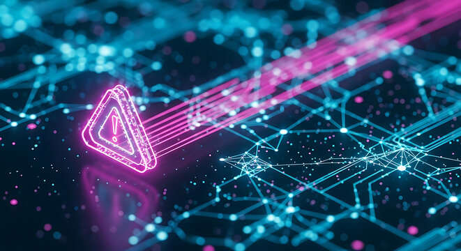 cybersecurity data breach network security digital threat system alert illustrating a glowing warning sign in a futuristic data network.