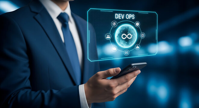 dev ops holographic interface for software development a businessman showcasing digital transformation via smartphone.