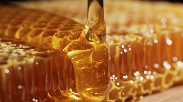 viscous golden honey dripping onto a natural honeycomb structure, close-up macro shot, showing texture and sweetness, perfect for food and natural product advertising