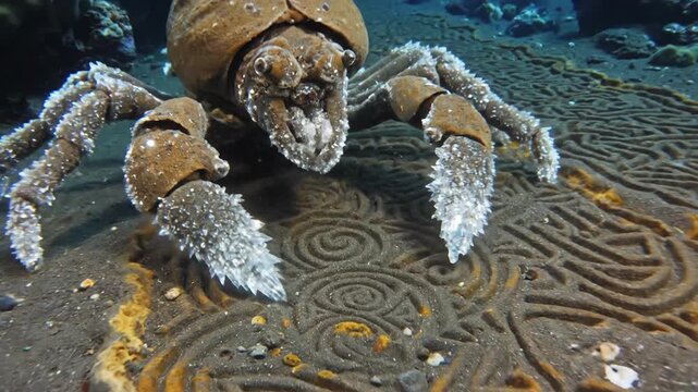 Creature with crystalline appendages carving intricate patterns
