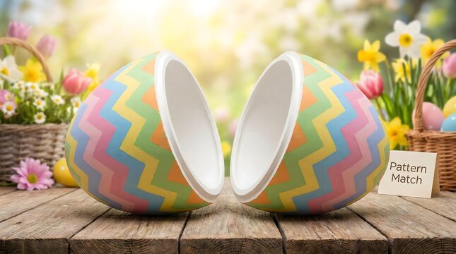 matching and sorting worksheet for kids Colorful Easter Hunt Concept with Open Chevron Pattern Eggs and Spring Flowers fun visual learning page for early skills