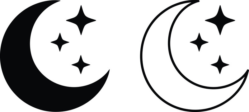 Crescent moon, and stars icon set, simple line art and silhouette designs representing night sky celestial theme and minimal decorative elements.