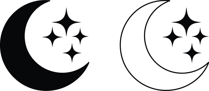 Crescent moon, and stars icon set, minimalist line and silhouette illustrations for night sky astronomy theme spiritual symbols and decorative design.