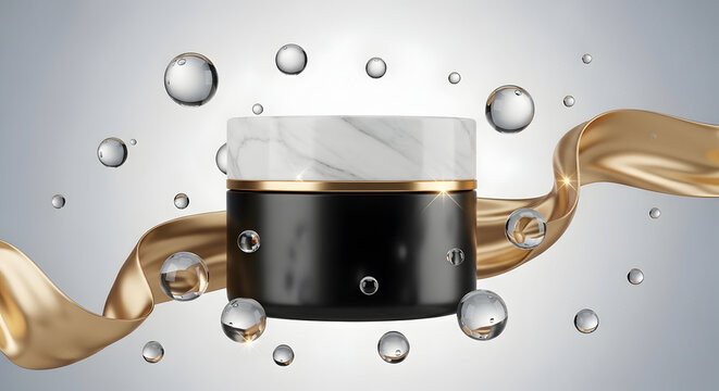 Premium black and white marble cosmetic cream jar mockup surrounded by realistic water bubbles and floating satin ribbon. Elegant 3D commercial display for skincare branding, anti-aging cream packagin